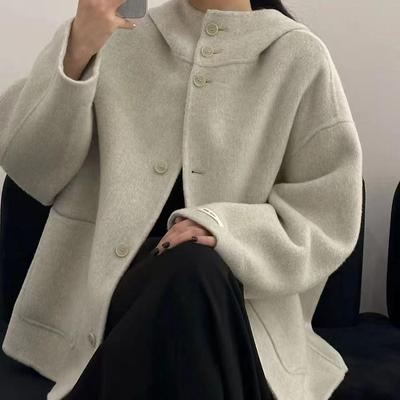 韩版高端连帽双面羊绒大衣女秋冬新款小个子阔版显瘦羊毛呢子外套