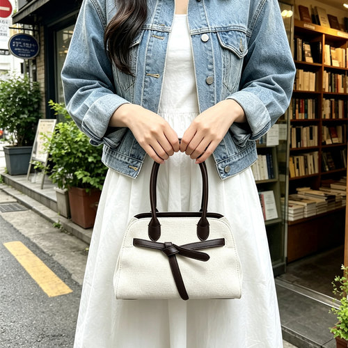 复古撞色亚麻贝壳手提女包高级感