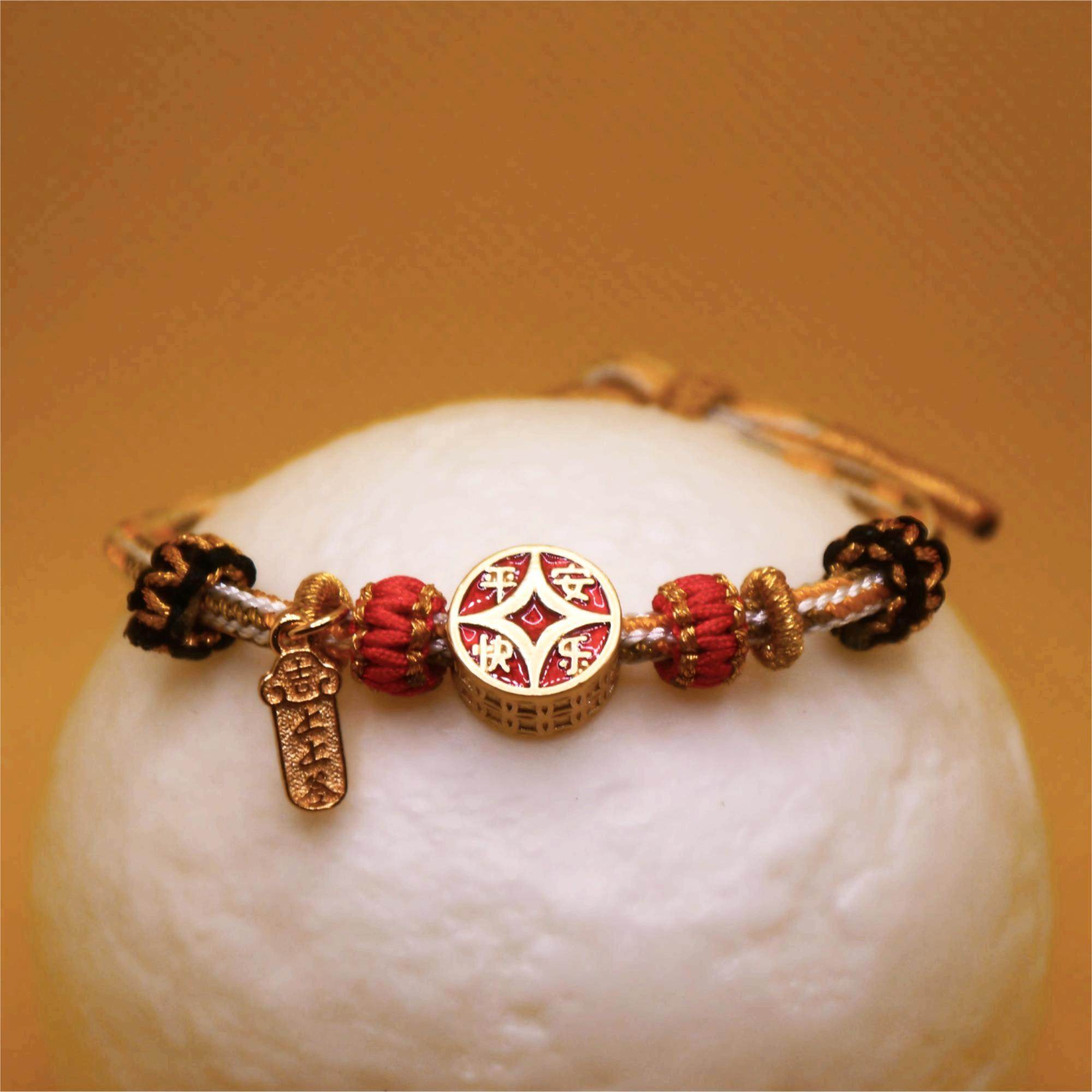 财神手串平安款铜钱造型招财刻字上上签平安快乐女金黄弹性手编绳