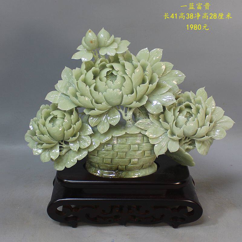 纯天然玉石牡丹花摆件岫玉花篮摆件岫岩玉玉石大白菜花开富贵摆件