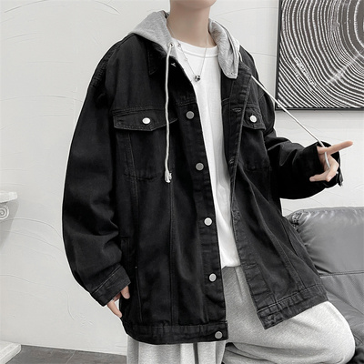春秋季痞帅连帽牛仔外套男宽松百搭假两件夹克潮流街头外套上衣男