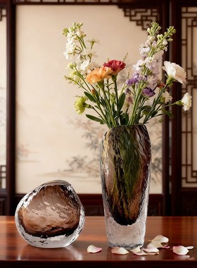 现代轻奢琉璃琥珀色浮冰手工玻璃花瓶客厅电视柜高级感家居摆件品