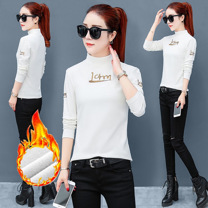 加绒打底衫女纯棉半高领t恤