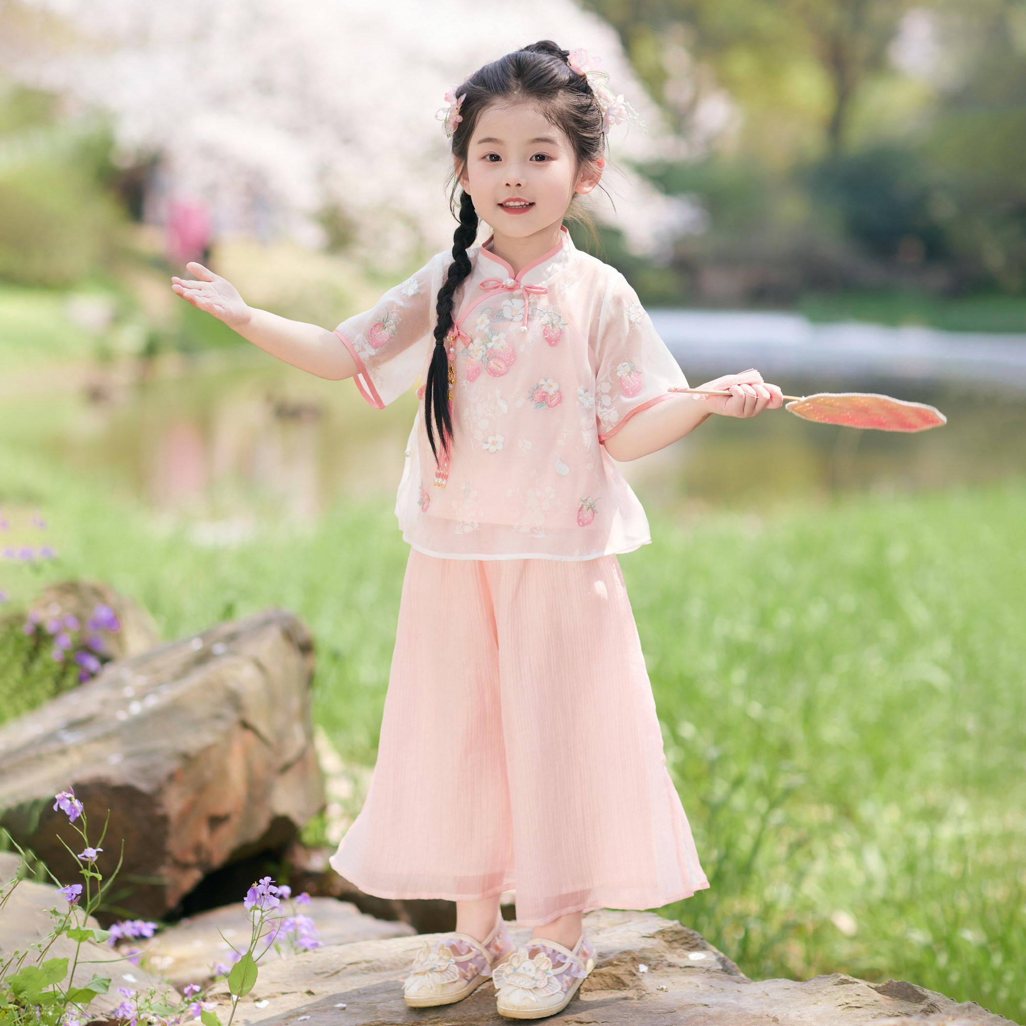 汉服女童2025夏季新款儿童新中式薄款短袖国风裤子套装三件套夏装
