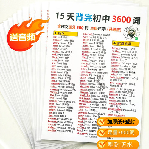 初中英语单词必背3500词汇含音标单词卡A4塑封复习备考提分闪卡
