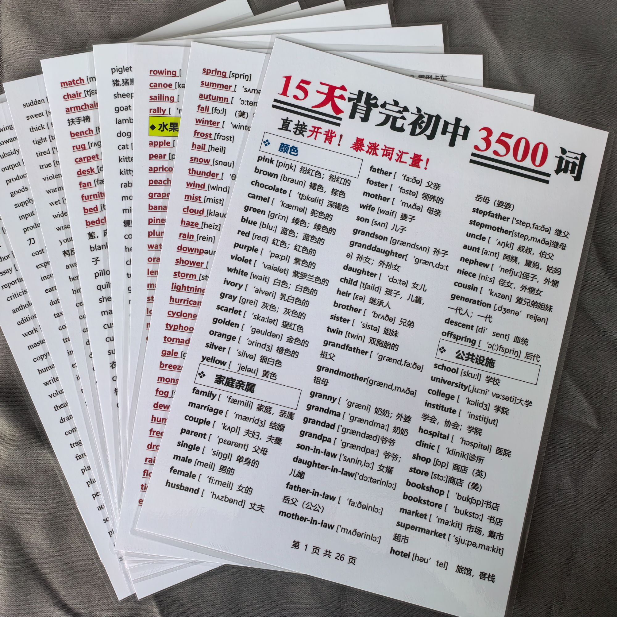 初中英语必背3500个词完整版A4塑封反复背诵单词表带音标速记训练