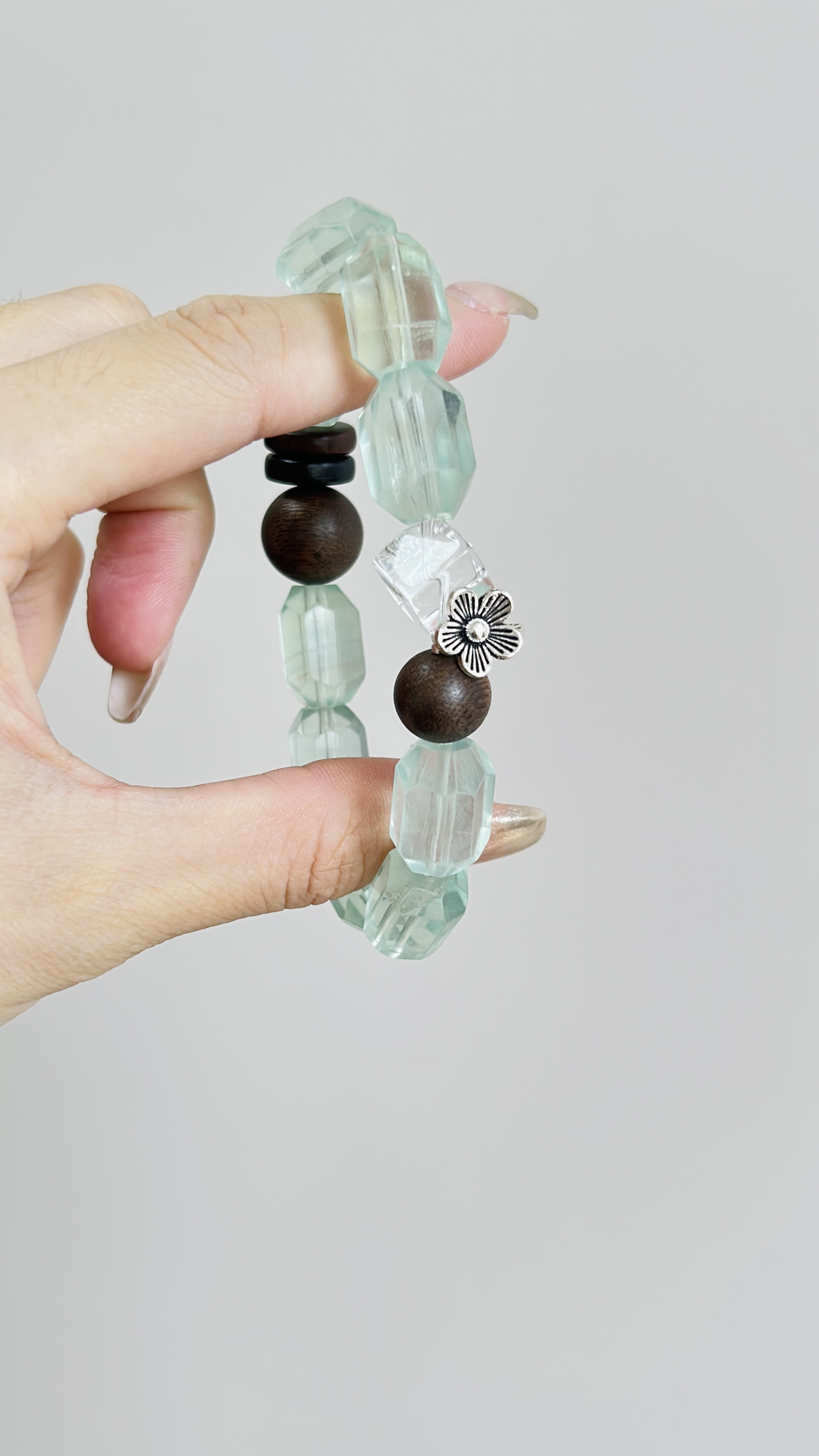 天然高冰透绿萤石切面手串沉香白水晶设计款清冷感手串