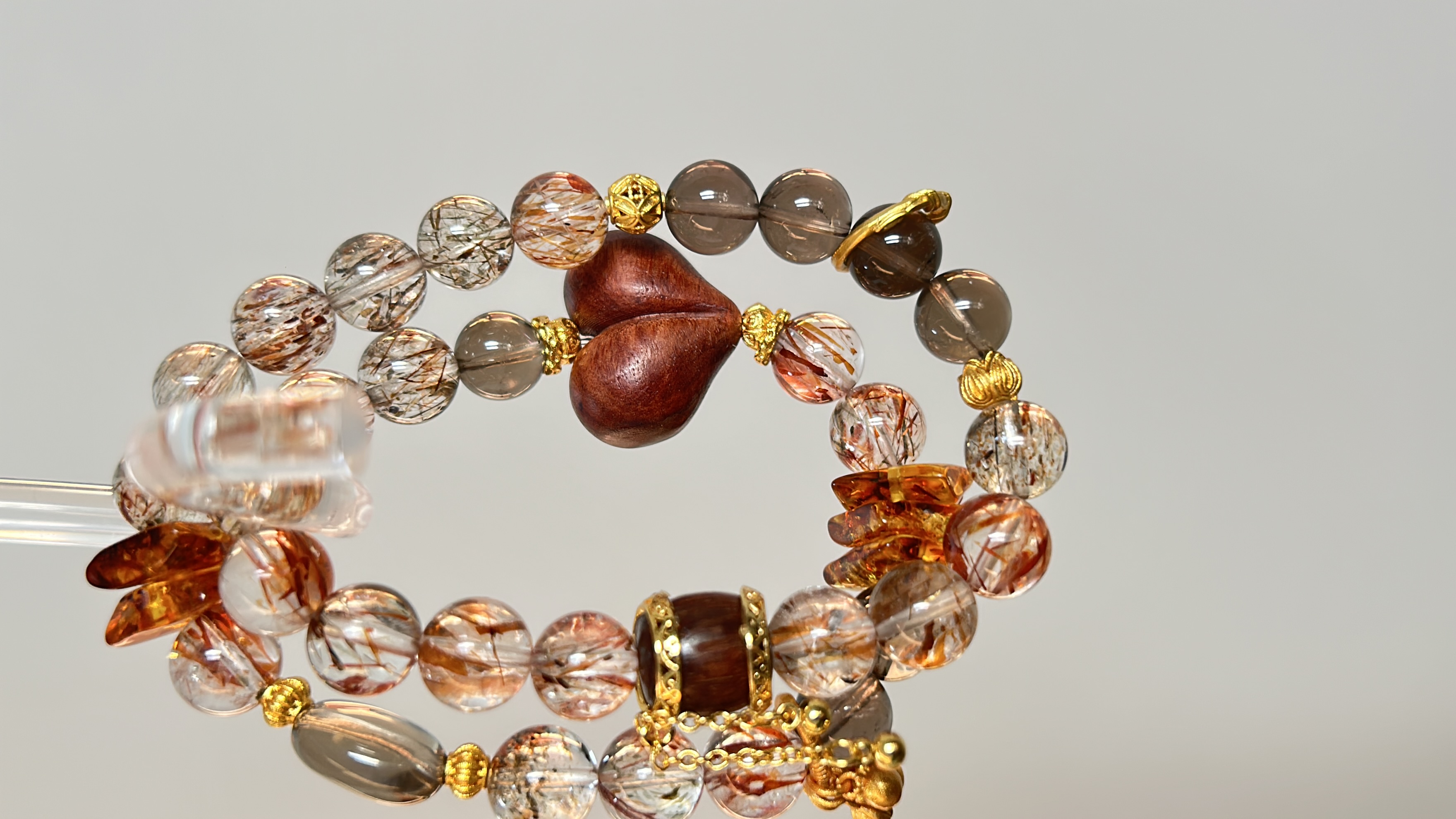 天然黑金超七水晶双圈卡9加花珀手链女款手链中式