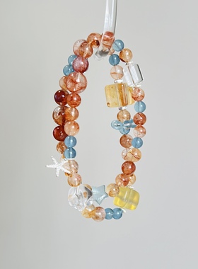 天然红胶花海蓝宝黄胶花水晶设计款手串双圈