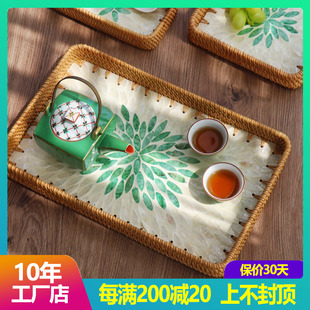 东南亚进口手工藤编贝壳托盘水果盘家用客厅点心收纳茶盘贝母方盘