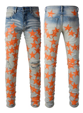 明星款橙色五角星拼贴高端水洗复古潮流耐磨男青年个性破洞牛仔裤
