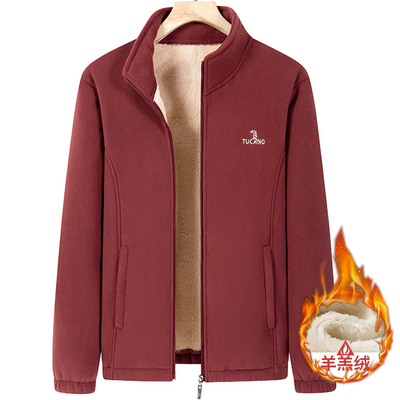 秋冬季摇粒绒加绒加厚夹克男女外套立领情侣款中老年抓绒衣外套