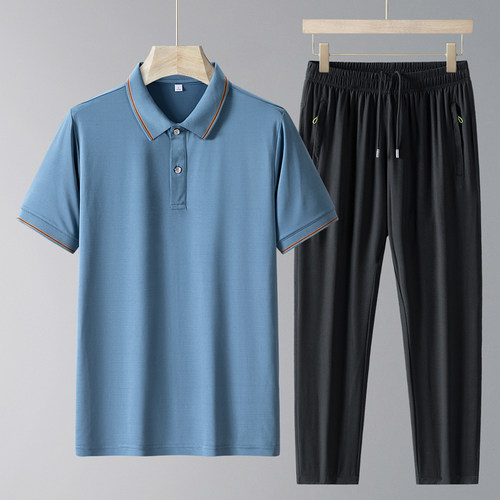 爸爸夏装短袖POLO套装中老年休闲运动服父亲节冰丝衣服宽松爷爷装