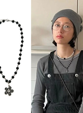 周雨彤同款黑珍贝珠钻太阳花石项链圈暗黑系列时尚新潮酷饰品周边