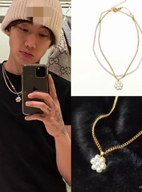 朴宰范同款五瓣花朵珍珠吊坠金色钛钢项链圈套装常戴 PAPK