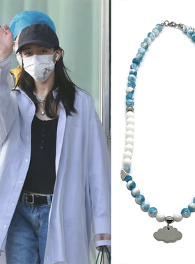 迪丽热巴同款国潮贝壳钛钢蓝天白云拼接项链男女个性嘻哈原创设计