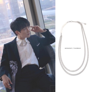 周深芭慈善夜莎同款双层珍珠项链钛钢长牌时尚新潮酷轻奢时尚男女