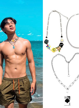 Nakunta宝塔弟弟同款趣味元素拼接项链圈锁骨套装笑脸黑桃蝴蝶花H