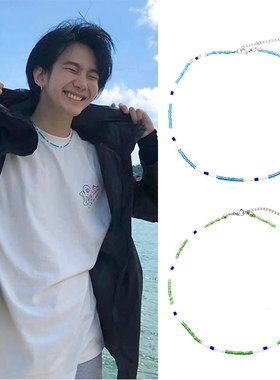 Build金建成同款蓝绿透白玻璃珠拼接串项链圈锁骨奶黑帮少爷pate