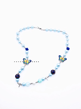 国潮 复古珍珠蝴蝶彩珠玫瑰花项链ins小众设计高街时装配饰男女款