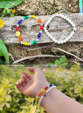 笑脸彩珠珍珠喝彩沉淀手链环动静自如串珠时尚百搭潮流男女新饰品