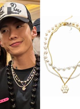 朴宰范同款间隔珍珠五瓣花朵吊坠金色项链圈 PAPK套装叠戴饰品