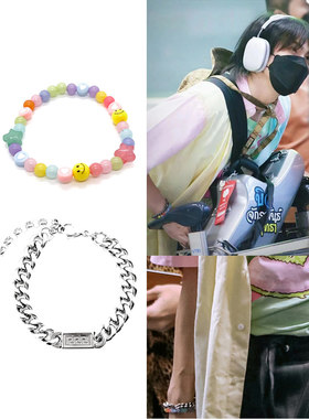Build金建成同款糖果色甜蜜彩串珠手链爱心笑脸环圈钢牌扣潮套装
