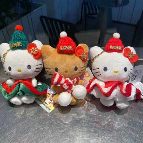 实拍-日本帽粉猫连衣裙钥匙挂件书包挂饰毛绒公仔围巾圣诞黑皮猫