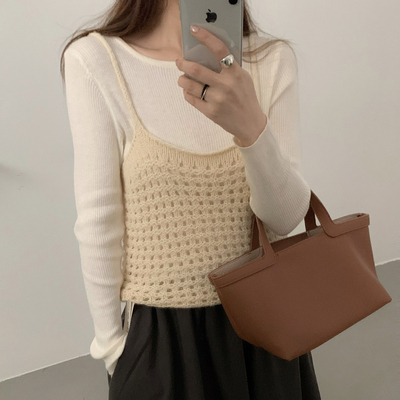 镂空钩花针织背心叠穿吊带两件套