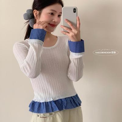 拼接设计格纹百搭显瘦针织衫女