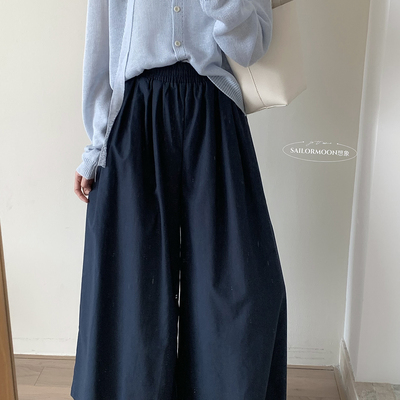 韩系简约风松紧腰休闲阔腿裤女潮