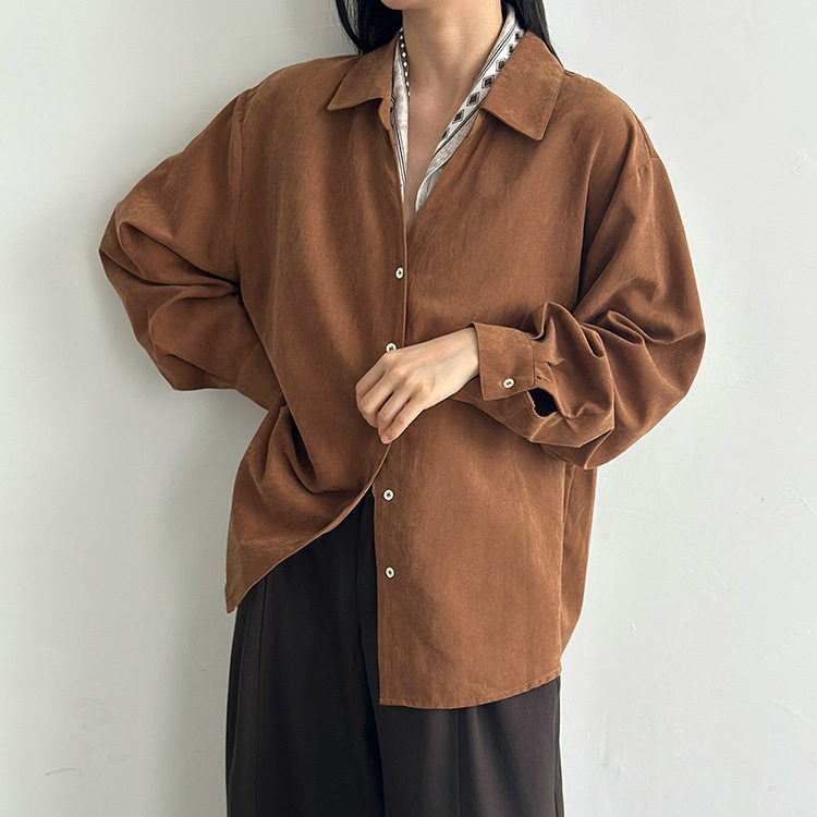 秋季新款韩式通勤复古高级感麂皮绒衬衫女宽松纯色长袖上衣配丝巾