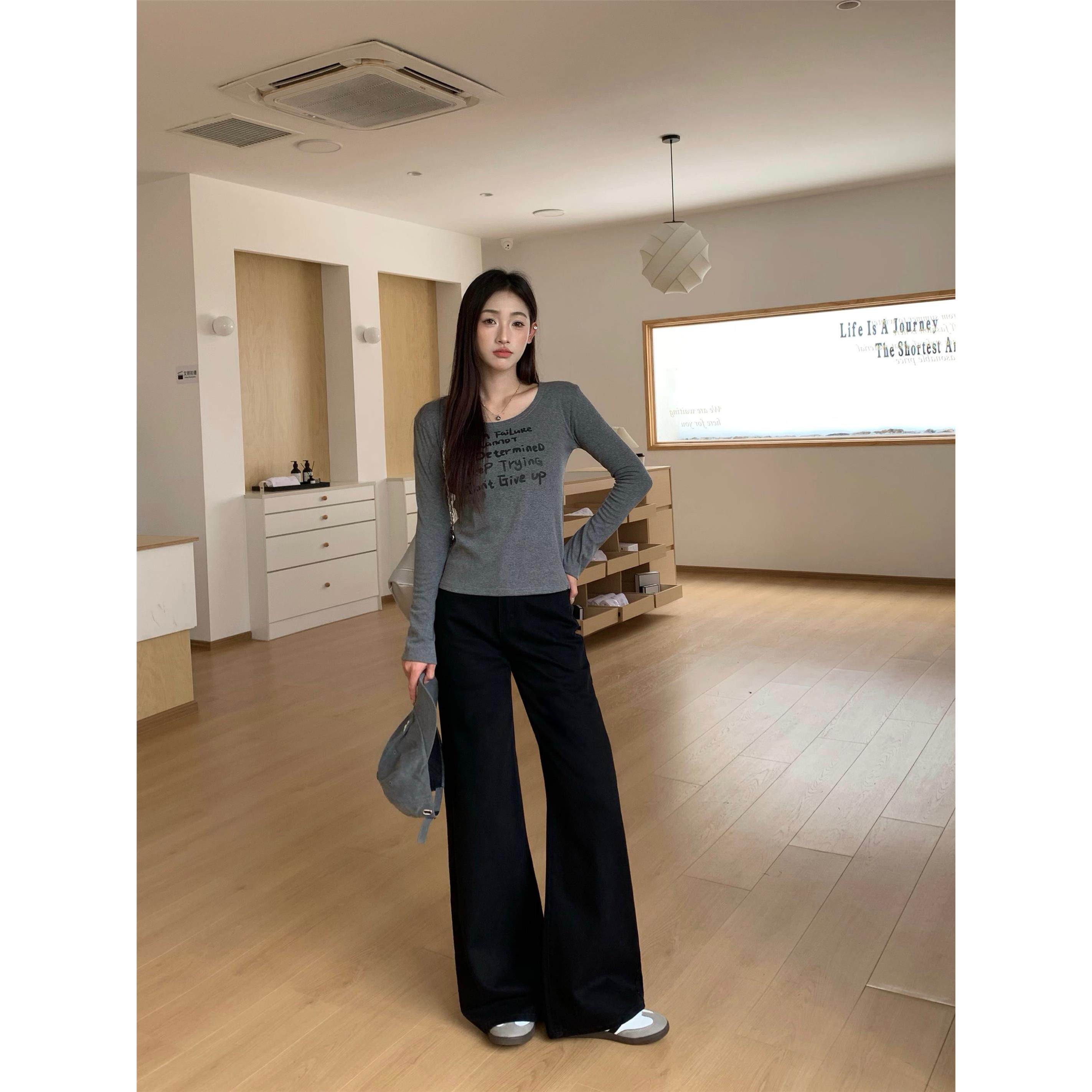 美式女性黑色阔腿牛仔裤，2025新款高腰直筒宽松多用途休闲修身及