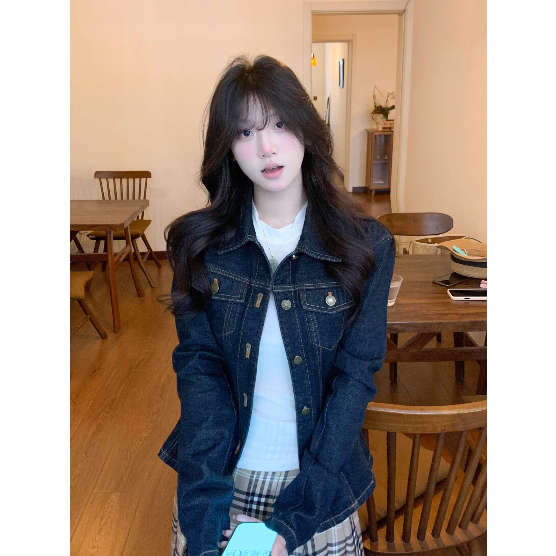 美式复古蓝色牛仔外套女2025新款秋季休闲翻领小个子短款夹克上衣