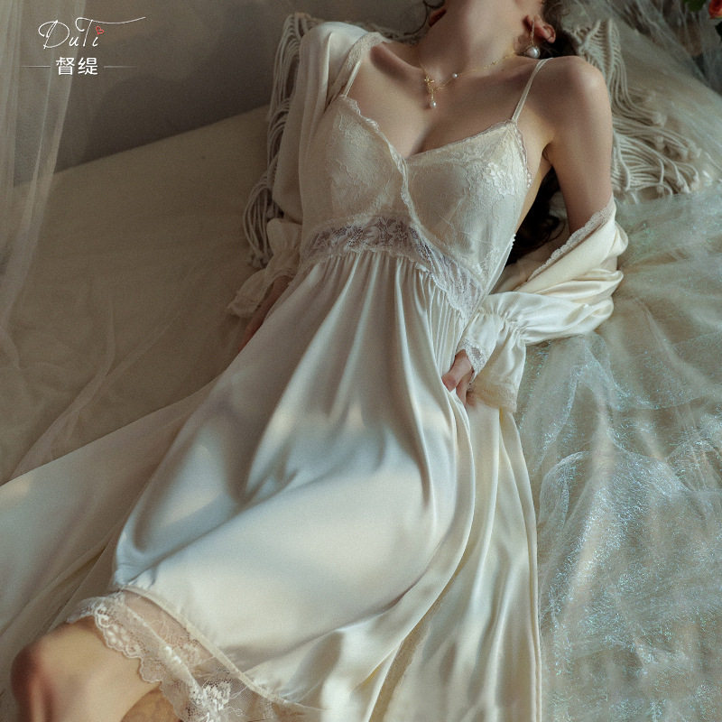 仙懿带胸垫睡裙女夏季蕾丝吊带睡衣大码家居服套装可外穿469轻奢