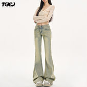 女夏季 2025年新款 覆古低腰宽松拖地黄泥色不贴腿微喇叭 牛仔裤 美式