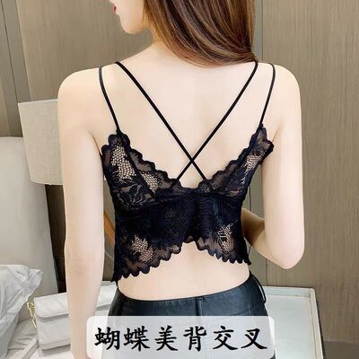 外贸爆款蕾丝美背裹胸交叉吊带背心女薄款夏季带胸垫打底内衣