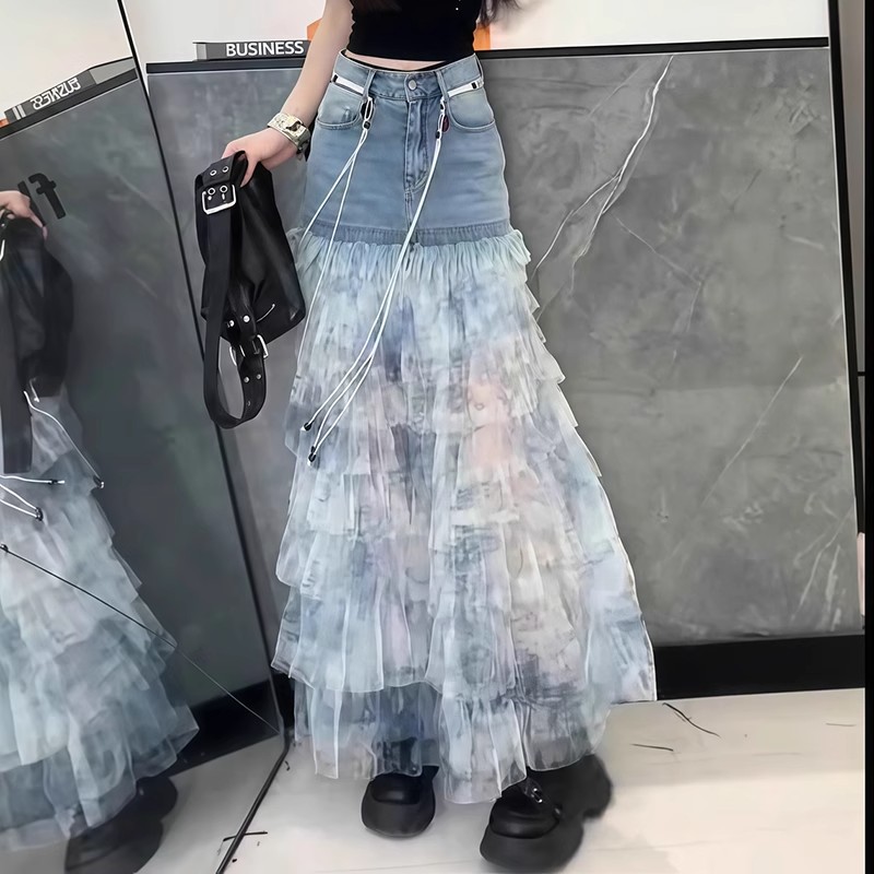 蓝色扎染牛仔拼接半身裙女夏季新款洋气蛋糕裙百搭时尚显瘦a字裙