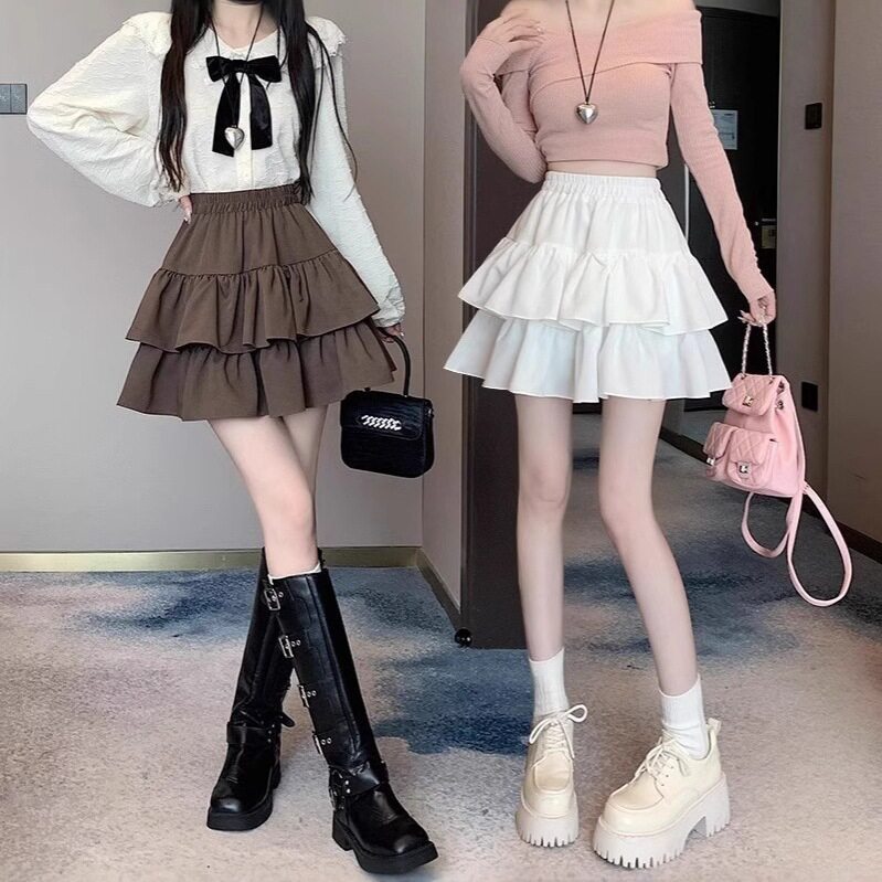 白色百褶半身裙女夏季新款高腰显瘦a字荷叶边蓬蓬裙蛋糕短裙