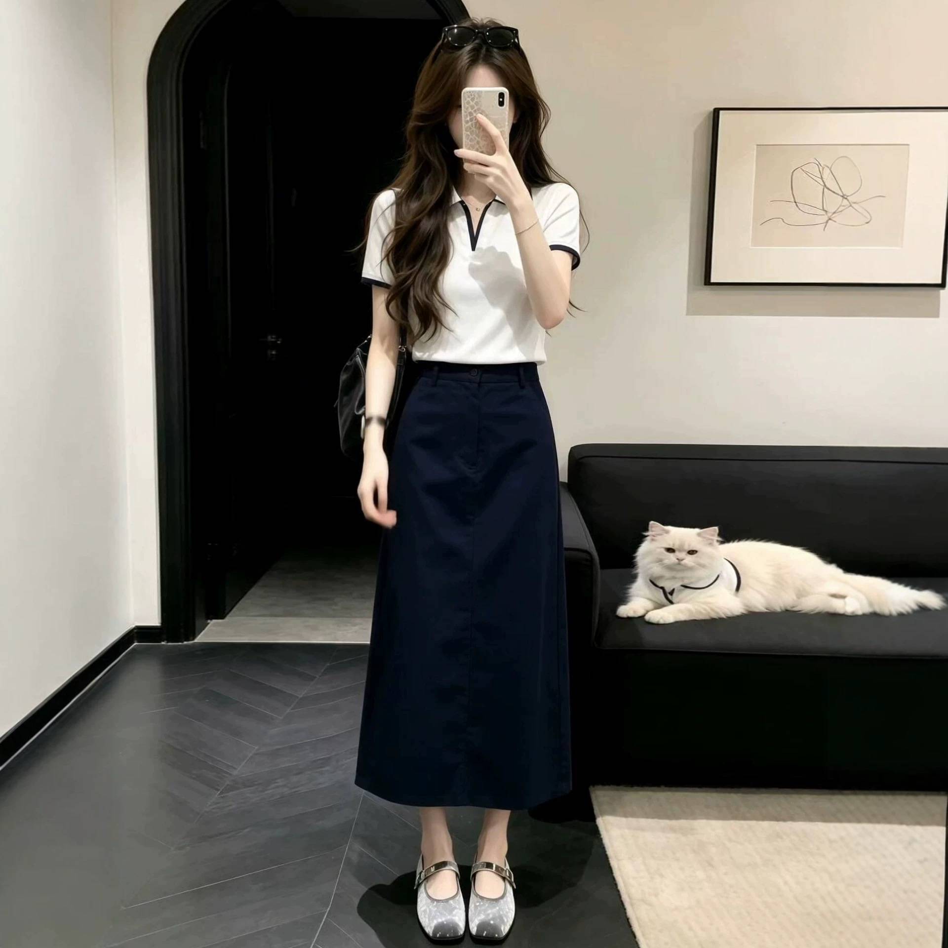 一整套时尚套装女2026夏季新款撞色短袖上衣高腰中长裙两件套潮