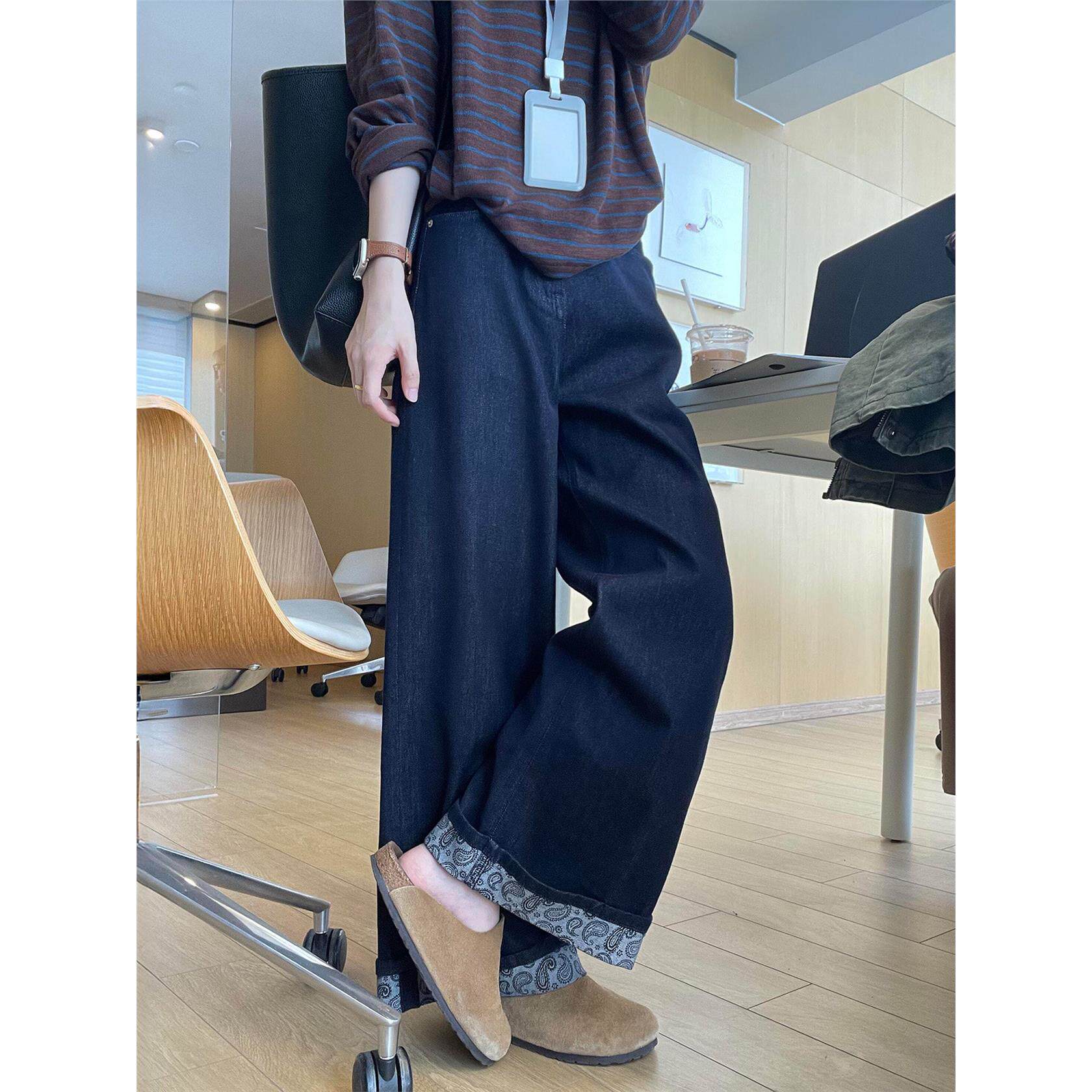 深蓝色翻边直筒牛仔裤女秋季新款大码胖mm高腰宽松设计感阔腿长裤