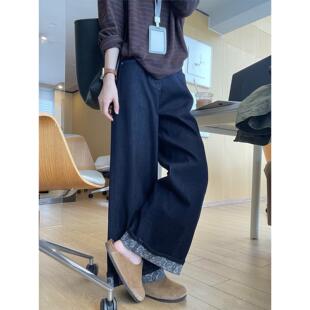 深蓝色翻边直筒牛仔裤女秋季新款大码胖mm高腰宽松设计感阔腿长裤