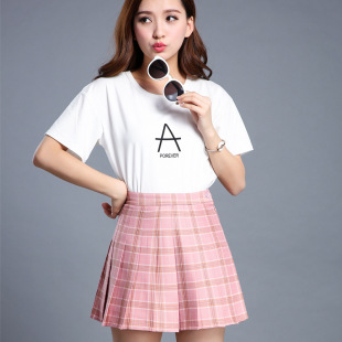 a字半身裙一件 裙韩版 春夏新款 格子百褶短裙女学生高腰百搭裤