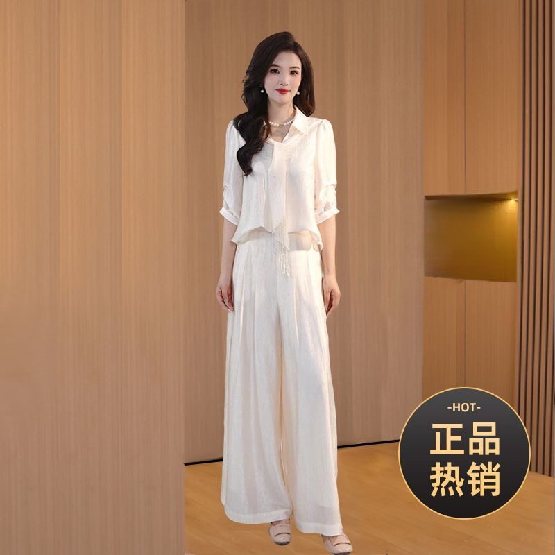 气质女装优雅减龄遮肉显瘦套装夏季新款高档冰丝皱上衣裤子两件套