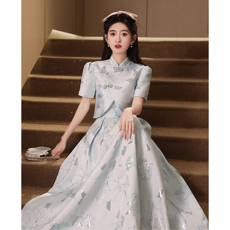 蓝色小晚礼服裙女新中式轻奢小众改良订婚旗袍艺考宴会套装连衣裙