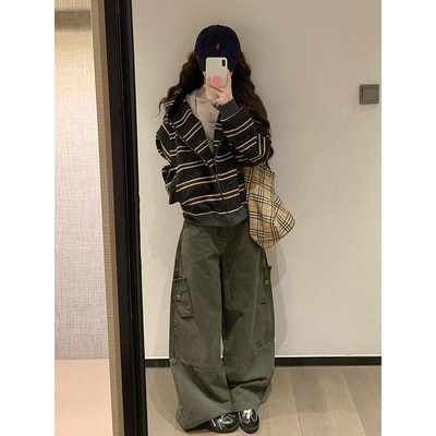 美式复古拼接条纹开衫拉