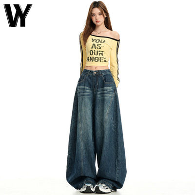 覆古蓝美式高街阔腿牛仔