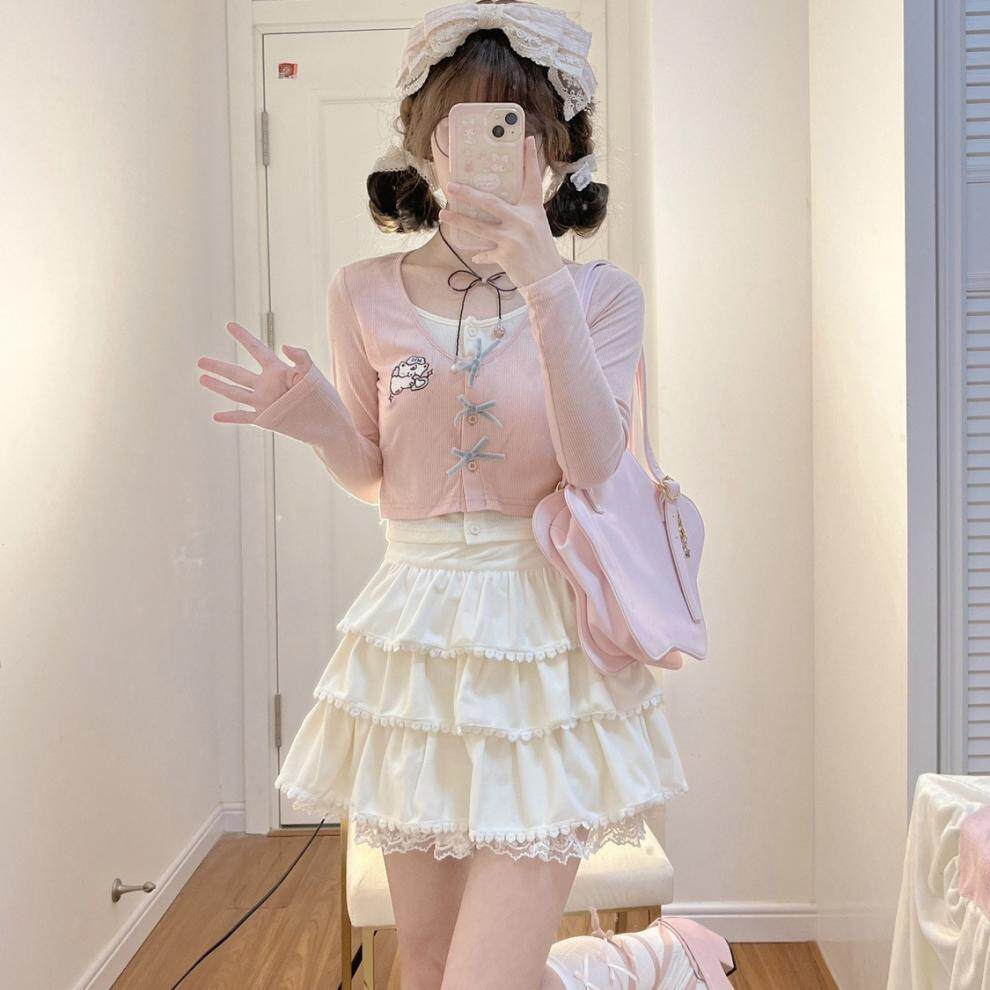 单件/套装2025春夏甜美辣妹假两件粉色长袖上衣+高腰蛋糕裙两件套