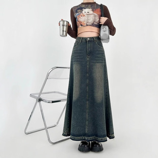 大码胖mm牛仔裙女半身裙中长款秋冬季高腰显瘦毛边a字裙包臀长裙