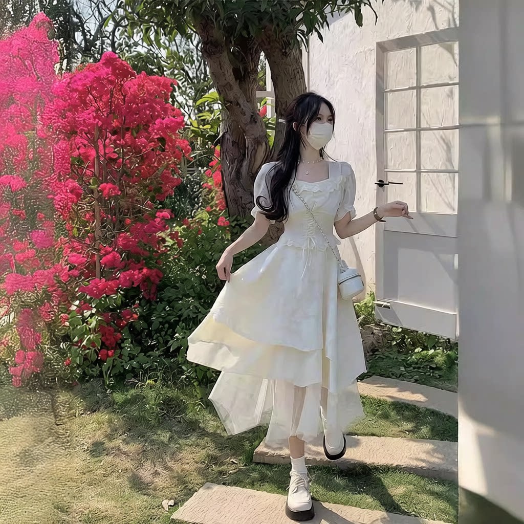 茶歇法式方领雪纺连衣裙女夏季小个子纱裙蛋糕蓬蓬仙女长裙子